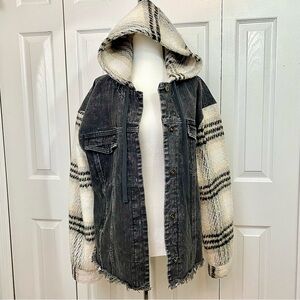 New In Plaid Sleeve Frayed Hem Hooded Black Denim Jacket